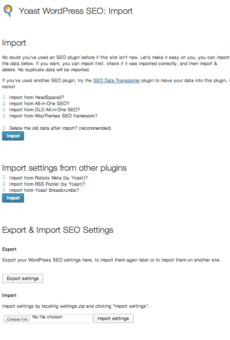 Yoast Import & Export Settings