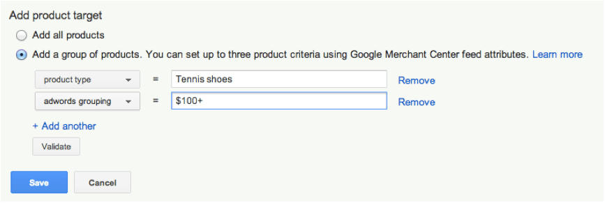 Product Target for Product Type and Adwords Grouping