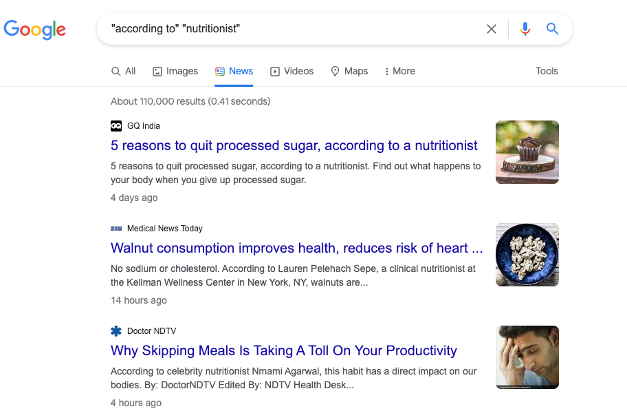 A Google News search of the term “According to”